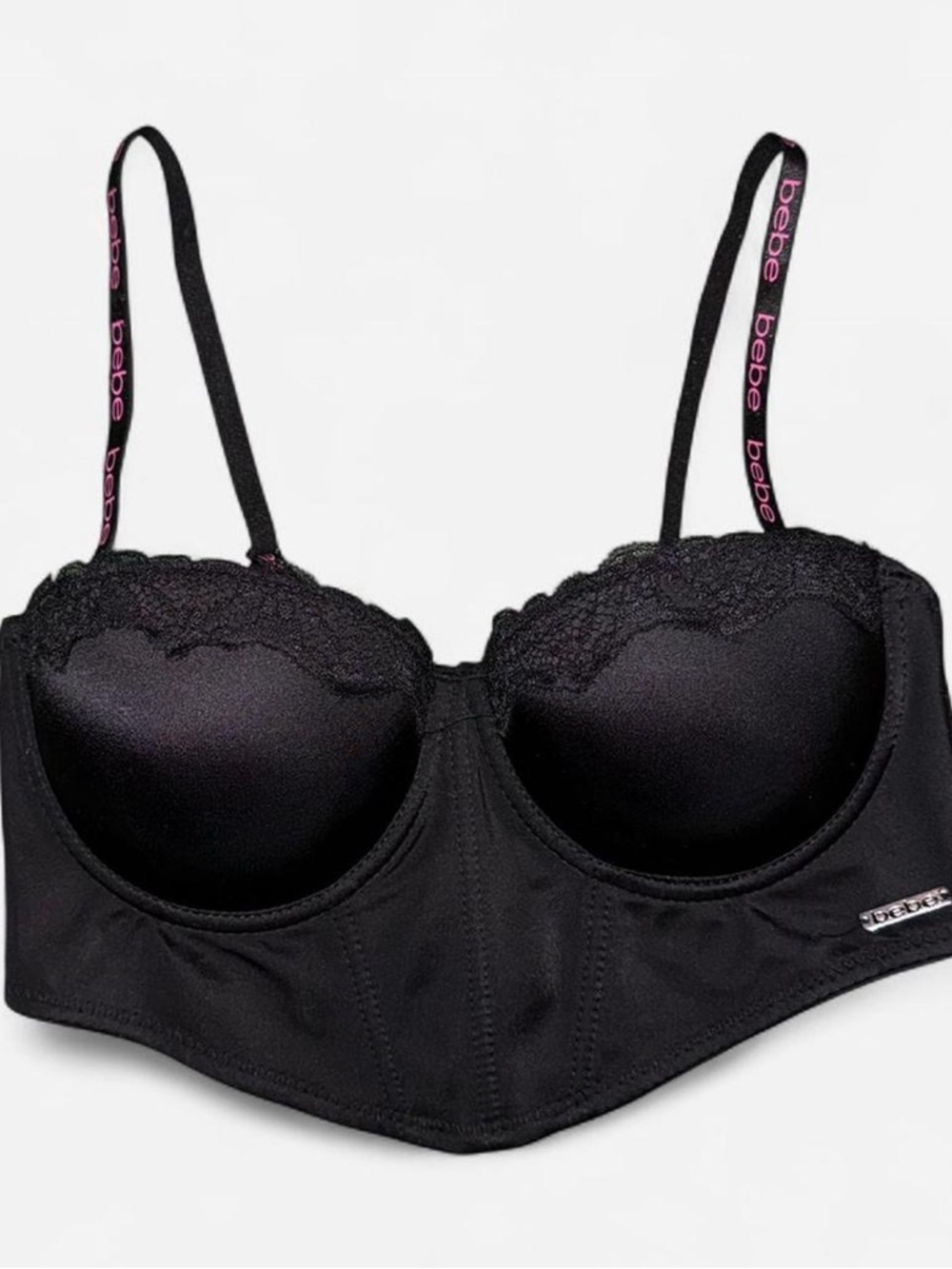 bebe Black Lace-Trim Longline Push Up Bra with Logo Straps